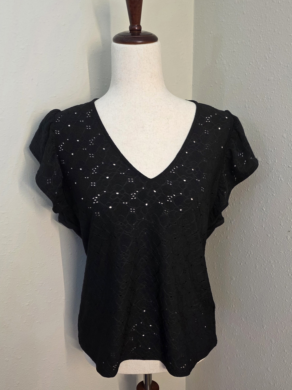 Black Eyelet V-Neck Flutter Sleeve Top